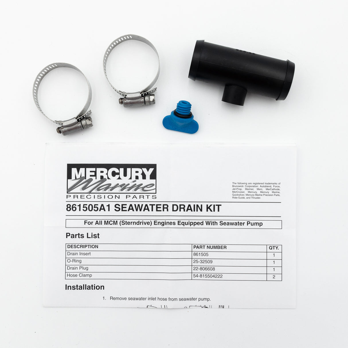 Mercury MerCruiser - Seawater Hose Drain Kit - Fits MCM/MIE Engines w/Seawater Pump - 861505A1