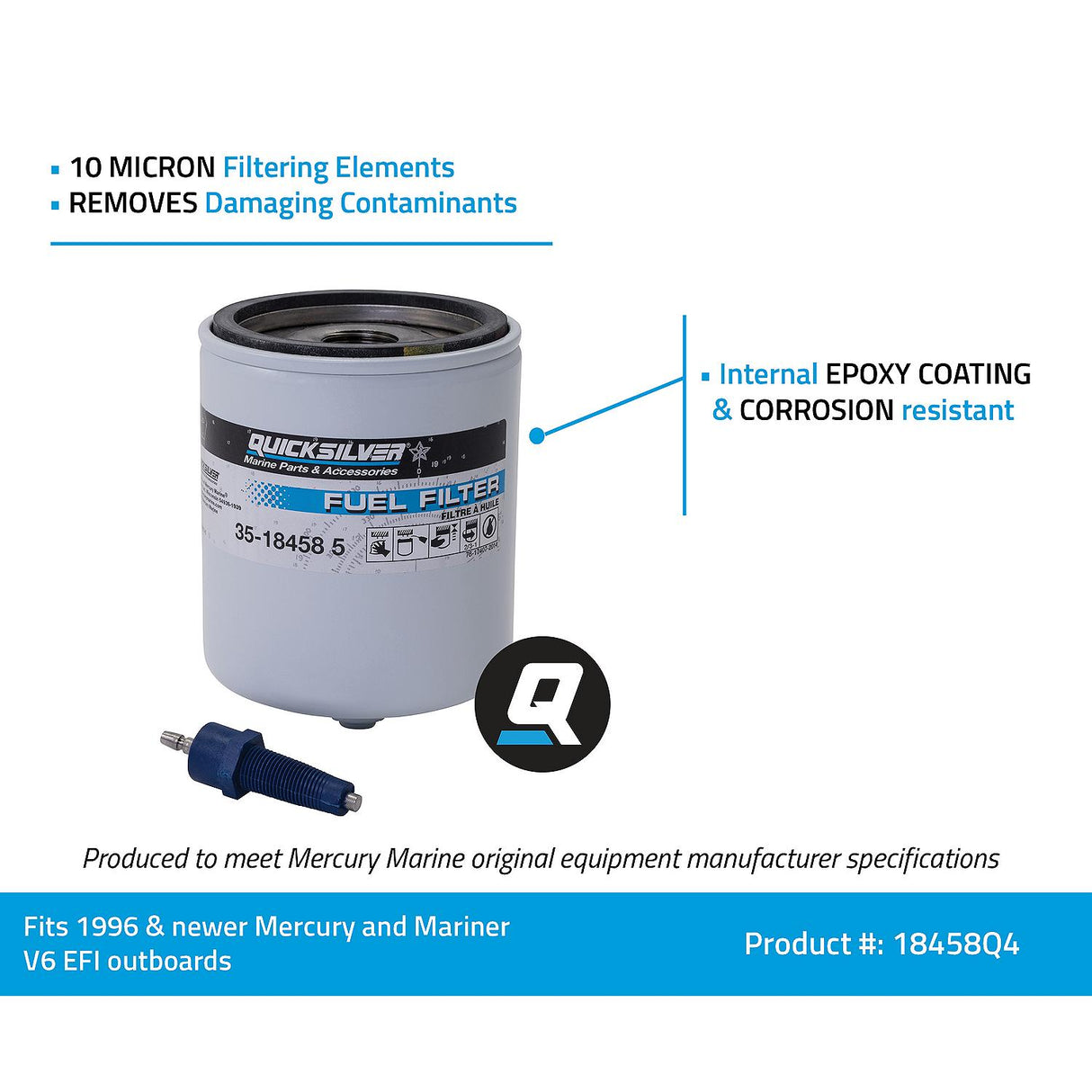 Mercury Quicksilver - Water Separating Fuel Filter - Fits Mercury/Mariner V?6 EFI/DFI 1996 - Newer - 35-18458Q4