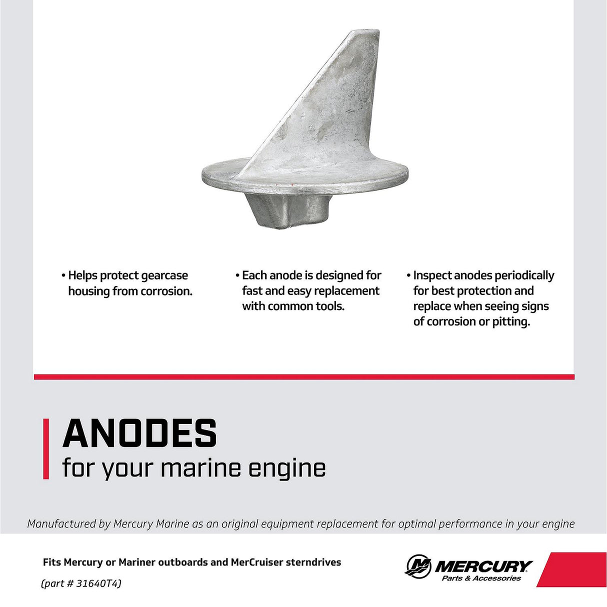 Mercury 31640T4 Outboard Aluminum Anode Trim Tab - Fits Most Mercury/Mariner Outboards 35 HP and above - all MerCruiser except Bravo