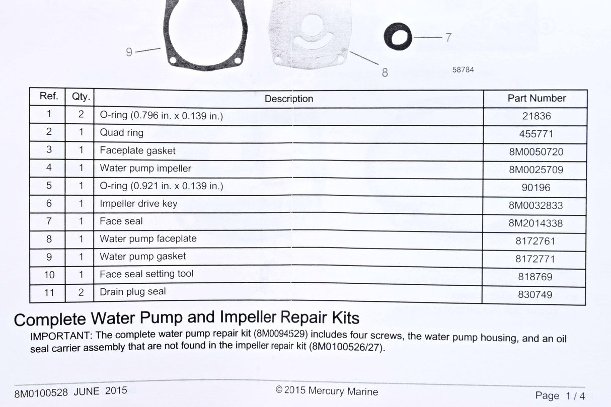 Mercury Quicksilver - Water Impeller Repair Kit - Fits Various Engines and Drives - See Description for Applications - 47-8M0100526
