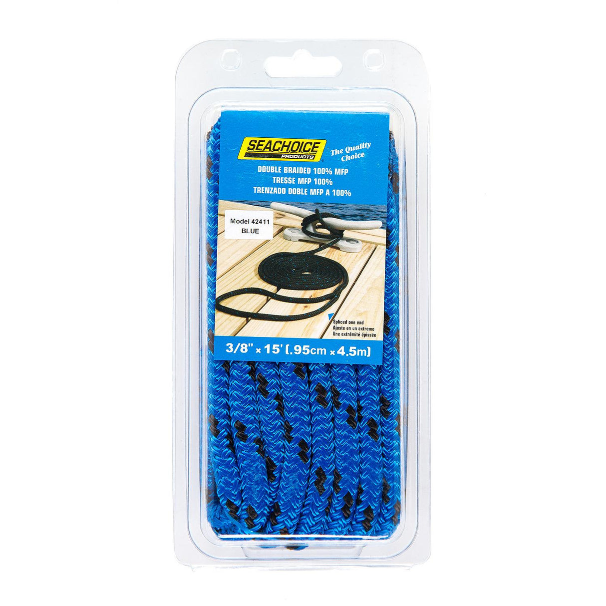 Seachoice - Línea de muelle trenzada doble 100 % MFP 42411 - 3/8" x 15' - Azul con trazador negro