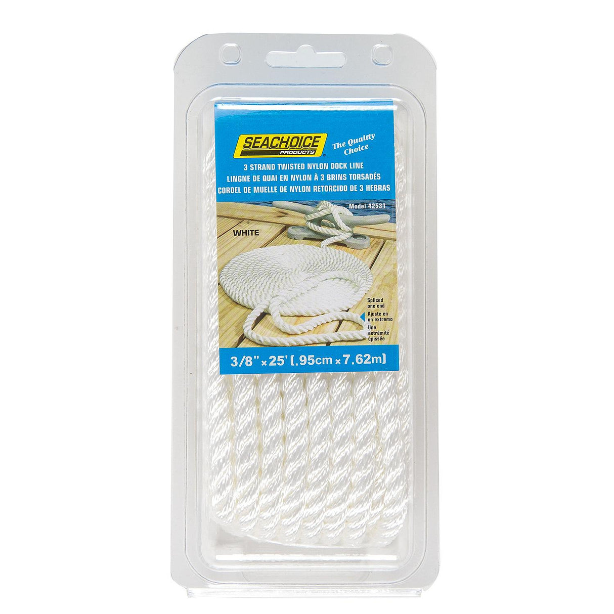 Seachoice - Línea de muelle de nailon trenzado de 3 hebras - 3/8" x 25' - 42531 Blanco