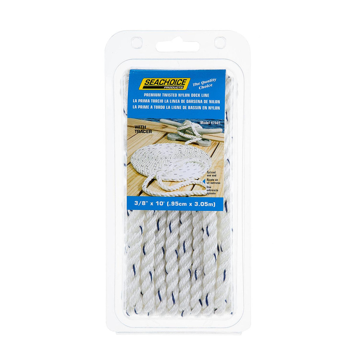 Seachoice - Three Strand Twisted Nylon Dock Line with Tracer | White/Blue Tracer | 3/8" x 10' | 47501