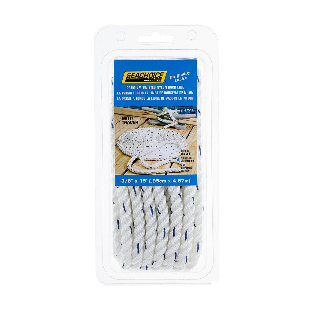 Seachoice - Three Strand Twisted Nylon Dock Line with Tracer | White/Blue Tracer | 3/8" x 15' | 47511