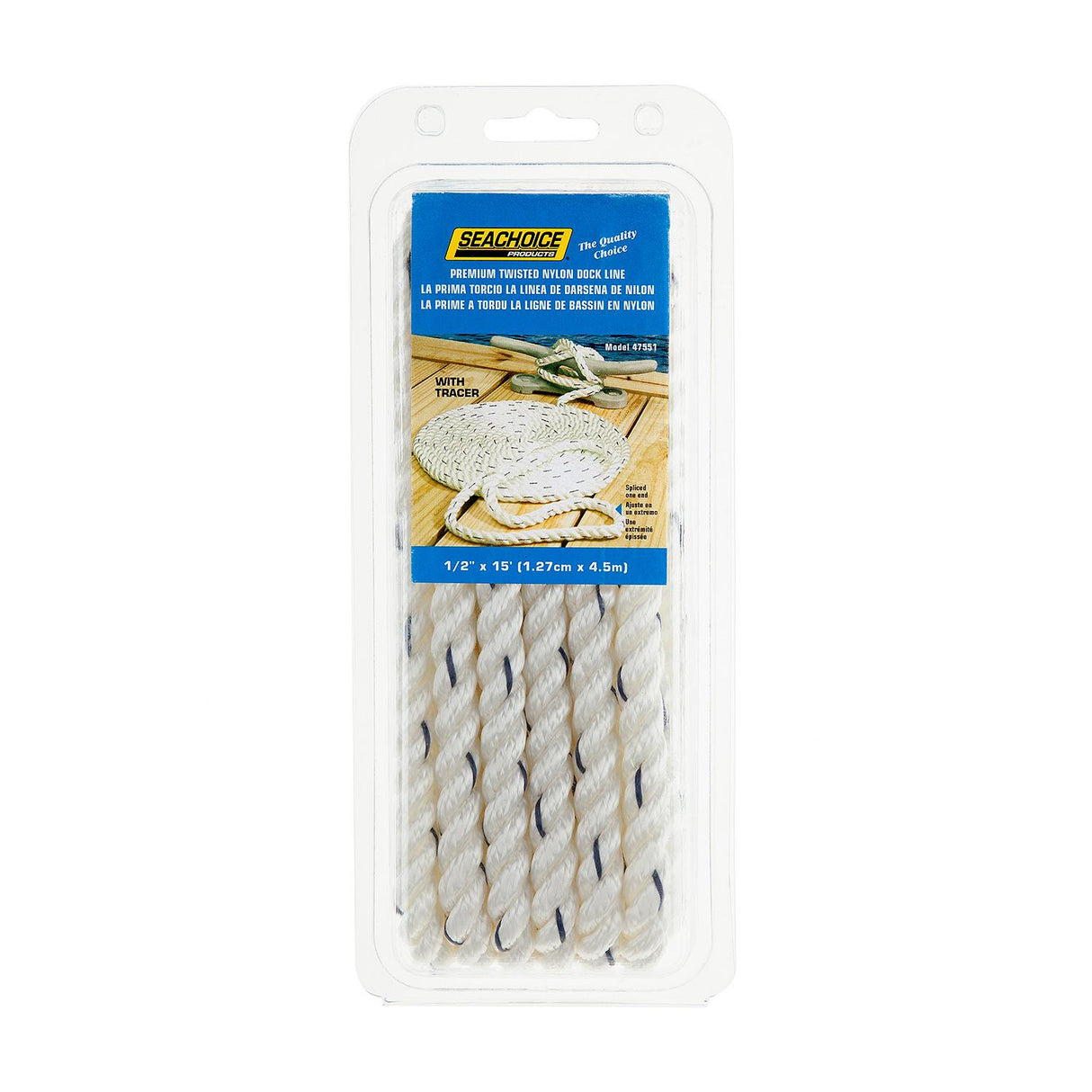 Seachoice - Three Strand Twisted Nylon Dock Line with Tracer | White/Blue Tracer | 1/2" x 15' | 47551
