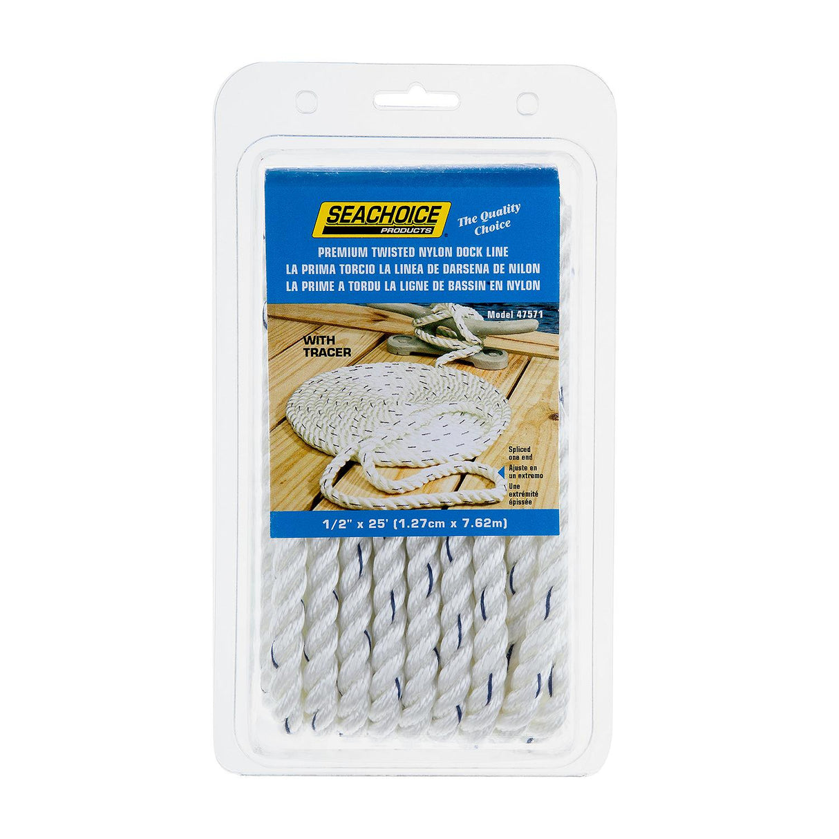 Seachoice - Three Strand Twisted Nylon Dock Line with Tracer | White/Blue Tracer | 1/2" x 25' | 47571