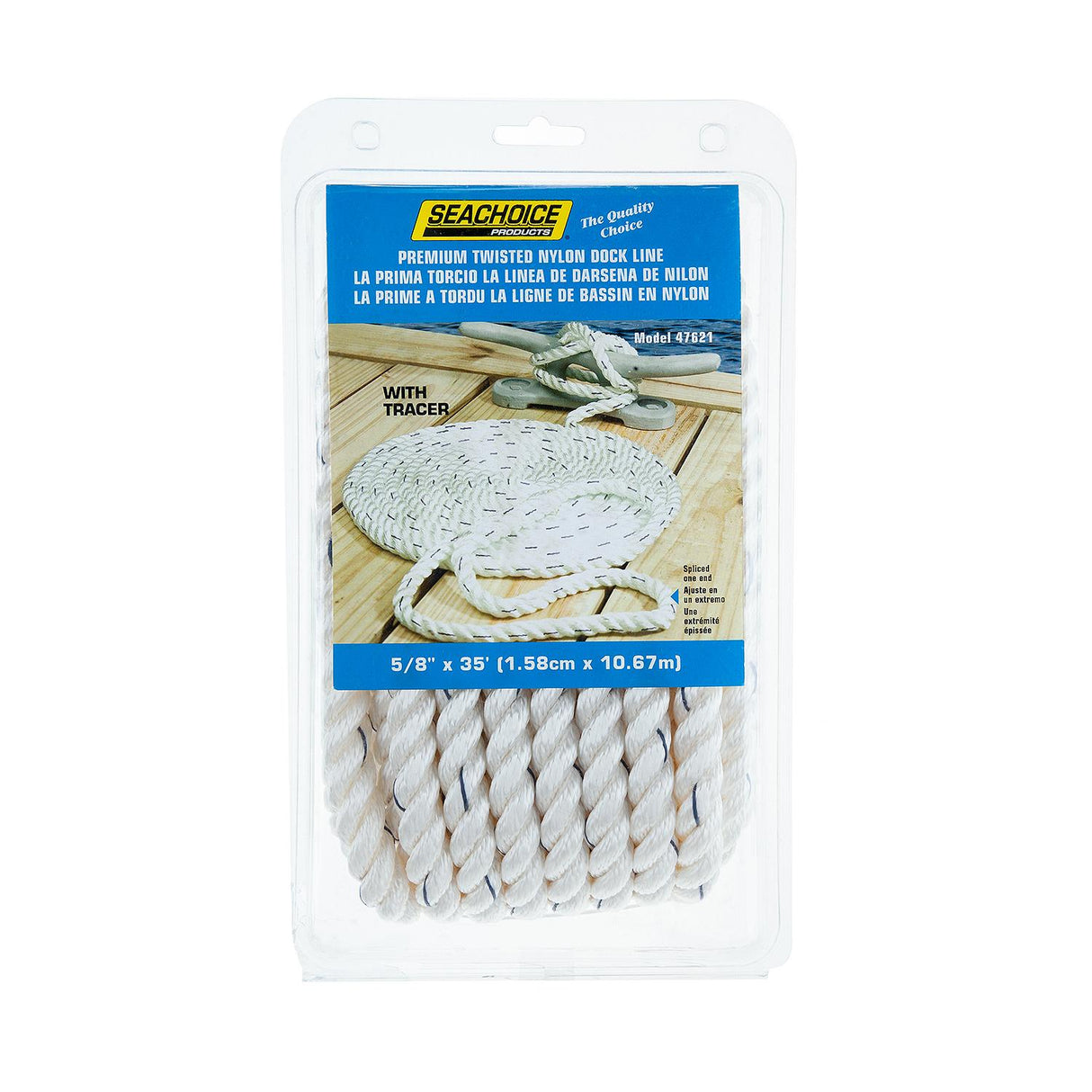 Seachoice - Three Strand Twisted Nylon Dock Line with Tracer | White/Blue Tracer | 5/8" x 35' | 47621