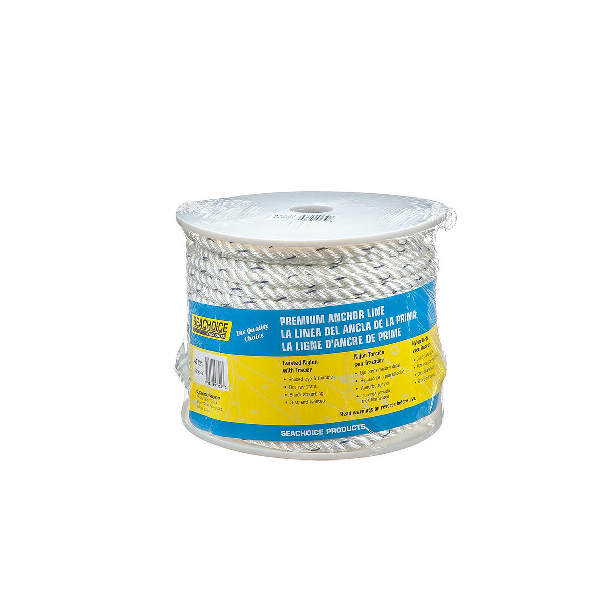Seachoice - Premium 3-Strand Twisted Nylon Anchor Line with Tracer | White / Blue | 3/8" x 150' | 47721