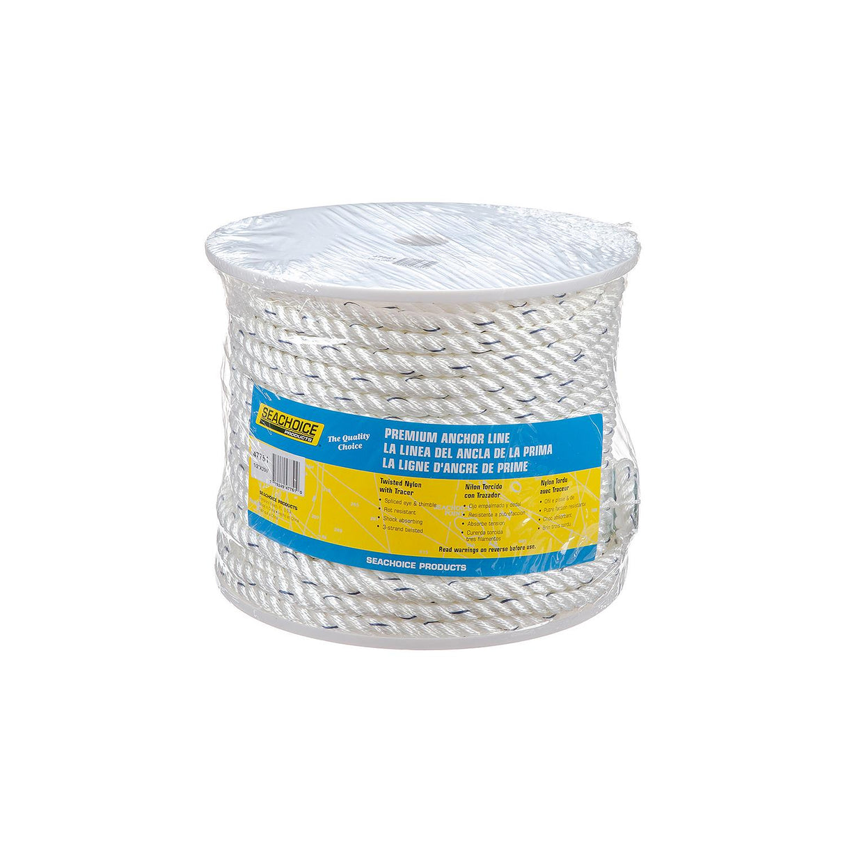 Seachoice - Premium 3-Strand Twisted Nylon Anchor Line with Tracer| White / Blue | 1/2" x 200' | 47751