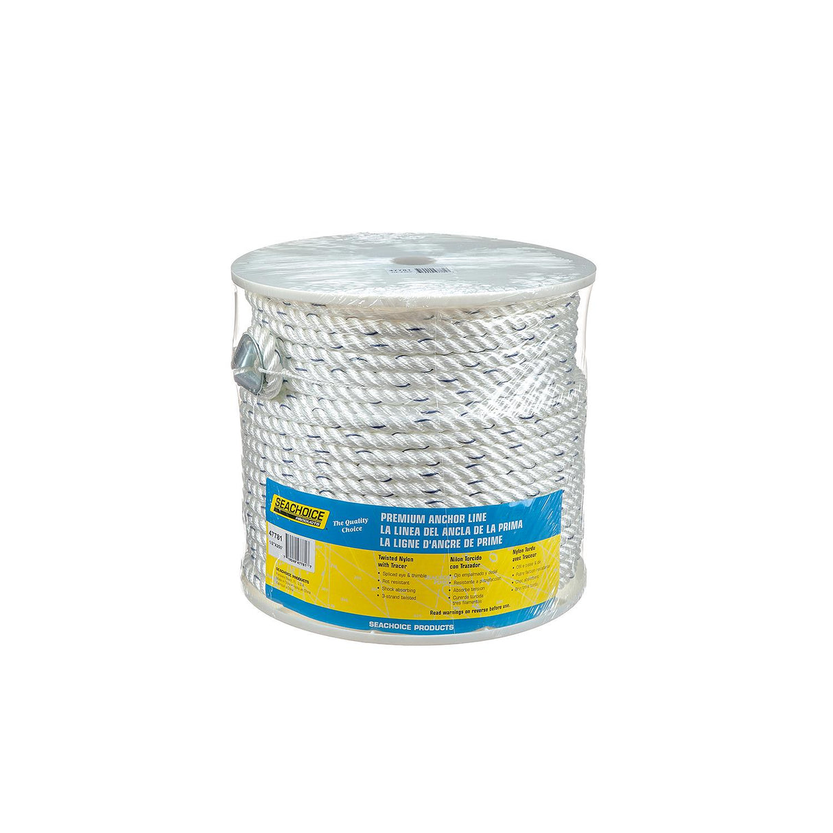Seachoice - Premium 3-Strand Twisted Nylon Anchor Line with Tracer| White / Blue | 1/2" x 250' | 47781