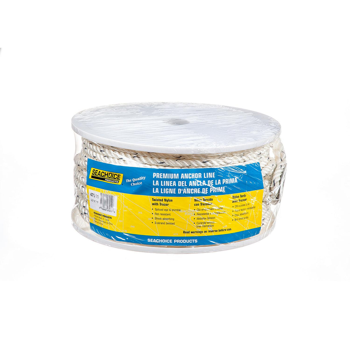 Seachoice - Premium 3-Strand Twisted Nylon Anchor Line with Tracer | White / Blue | 3/8" x 200' | 47911