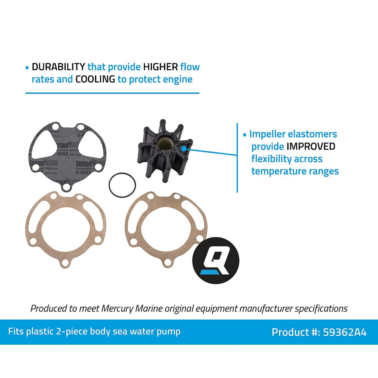 Mercury Mercruiser - Sea Water Pump Impeller Kit - Fits Plastic 2 pc. Body Sea Water Pump - 47-59362A4