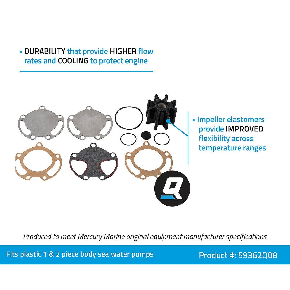 Mercury Mercruiser - Sea Water Pump Impeller Kit - Fits Plastic 1 & 2 pc. Body Sea Water Pumps - 47-59362Q08