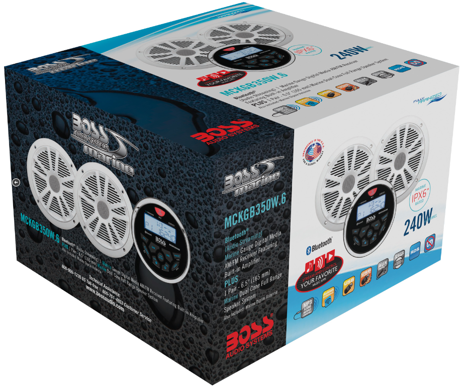 Boss Audio - MCKGB350W.6 Combo - Marine Gauge Radio with Antenna & 2 6.5" Speakers - White - MCKGB350W.6