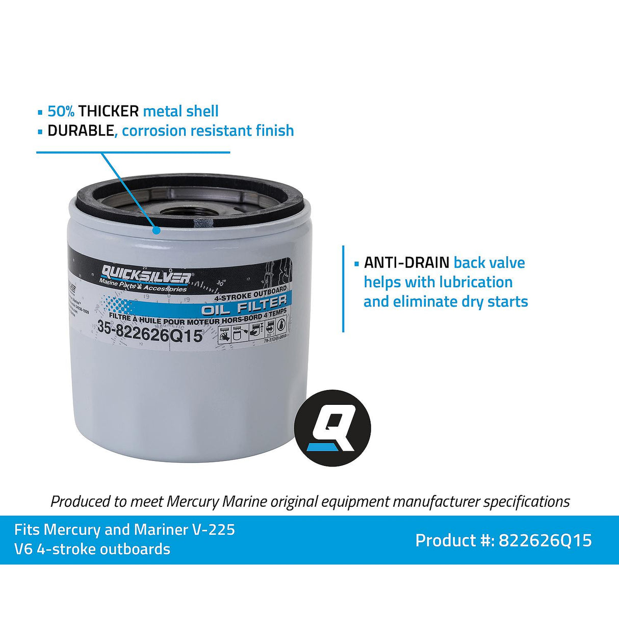Mercury Quicksilver Outboard Four Stroke Oil Filter - Fits Mercury/Mariner V‑225 Four Stroke Outboard - Yamaha 225 HP Four Stroke Outboard Filter - 35-822626Q15