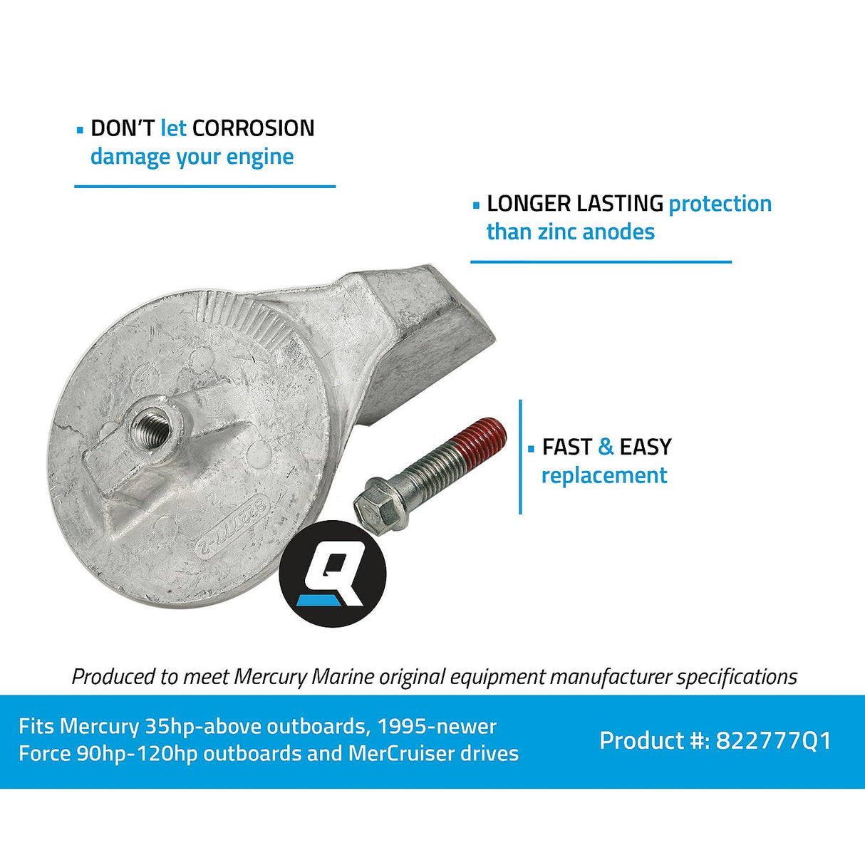 Mercury Quicksilver - Outboard Aluminum Trim Tab Anode - Fits Most Mercury/Mariner 35 HP and Above - Force 90 - 120 - All Mercury MerCruiser Engines - 822777Q1