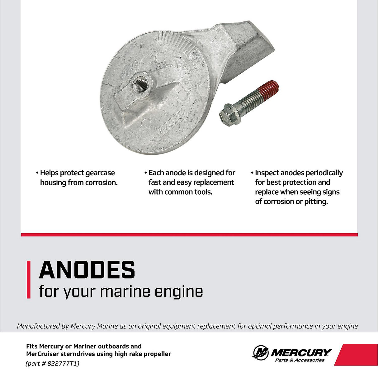 Mercury 822777T1 Outboard Trim Tab Anode - Fits Most Mercury/Mariner 35 HP and above - Force 90 -120 - All Mercury MerCruiser Engines