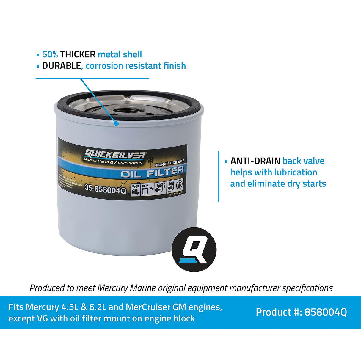 Mercury Quicksilver - Oil Filter - Fits MCM/MIE GM Engines, Except V‑6 Models w/Oil Filter Mounted on Engine Block & 4.5L & 6.2L Mercury Engine - 35-858004Q