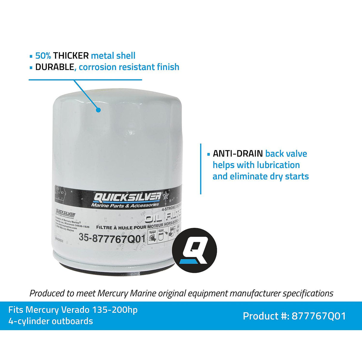 Mercury Quicksilver Outboard Four Stroke Oil Filter - Fits 135 - 150 - 175 - 200 Verado In‑line 4 Cylinder Outboard