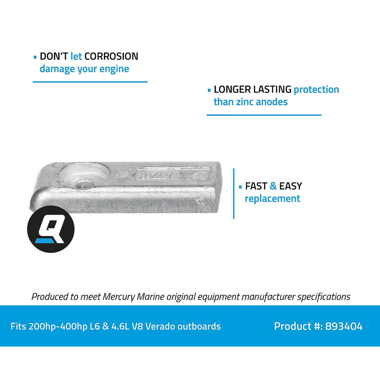 Mercury - Power Trim Anode - Fits L‑6 Verado Outboard, 200, 225, 250, 275, 300, 350, 400 HP "NEW" V8 & Verado SeaPro FourStroke Outboards - 97-893404