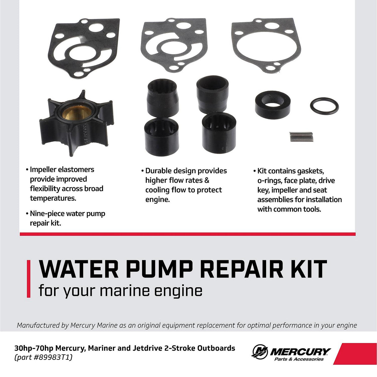 Mercury 47-89983T1 Outboard Water Impeller Repair Kit - Fits 30 JET - 35 - 40 - 45 - 50 - 60 - 70 HP