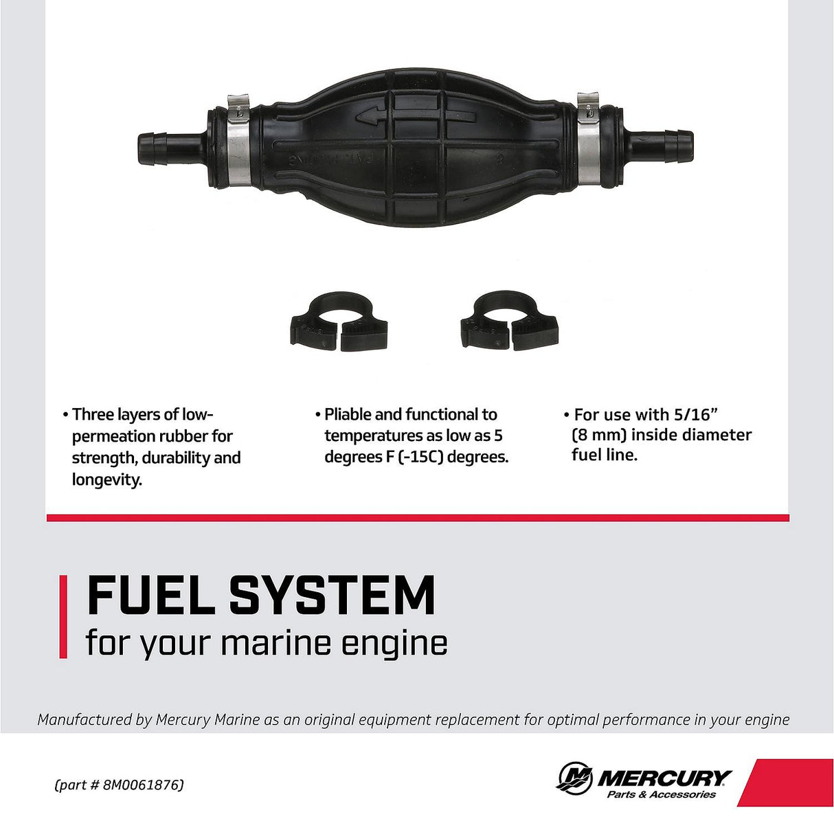 Mercury Marine Primer Bulb - Fits 5/16" & 3/8" Inner Diameter - Includes Hose Clamps - 8M0061876