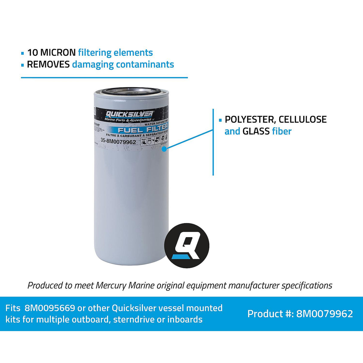 Mercury Quicksilver - Water Separating Fuel Filter for Remote Mounted Applications Without Clearance Issues - 35-8M0079962