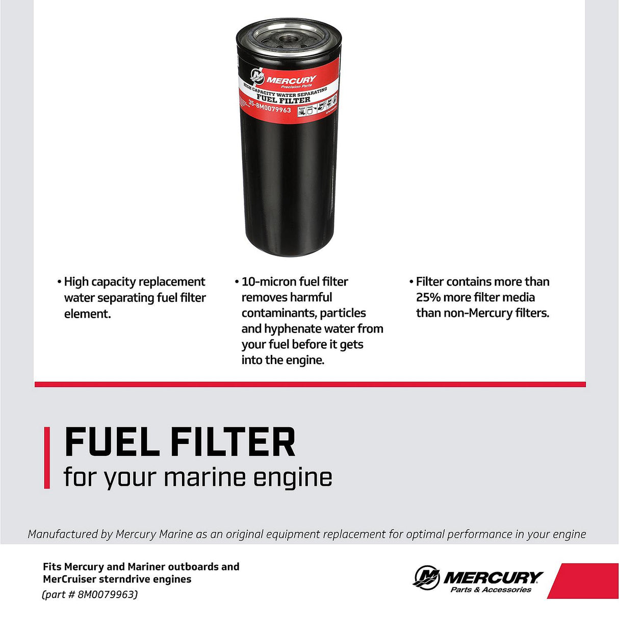 Mercury MerCruiser Water Separating Fuel Filter - Fits remote mounted applications w/o clearance issues - 35-8M0079963