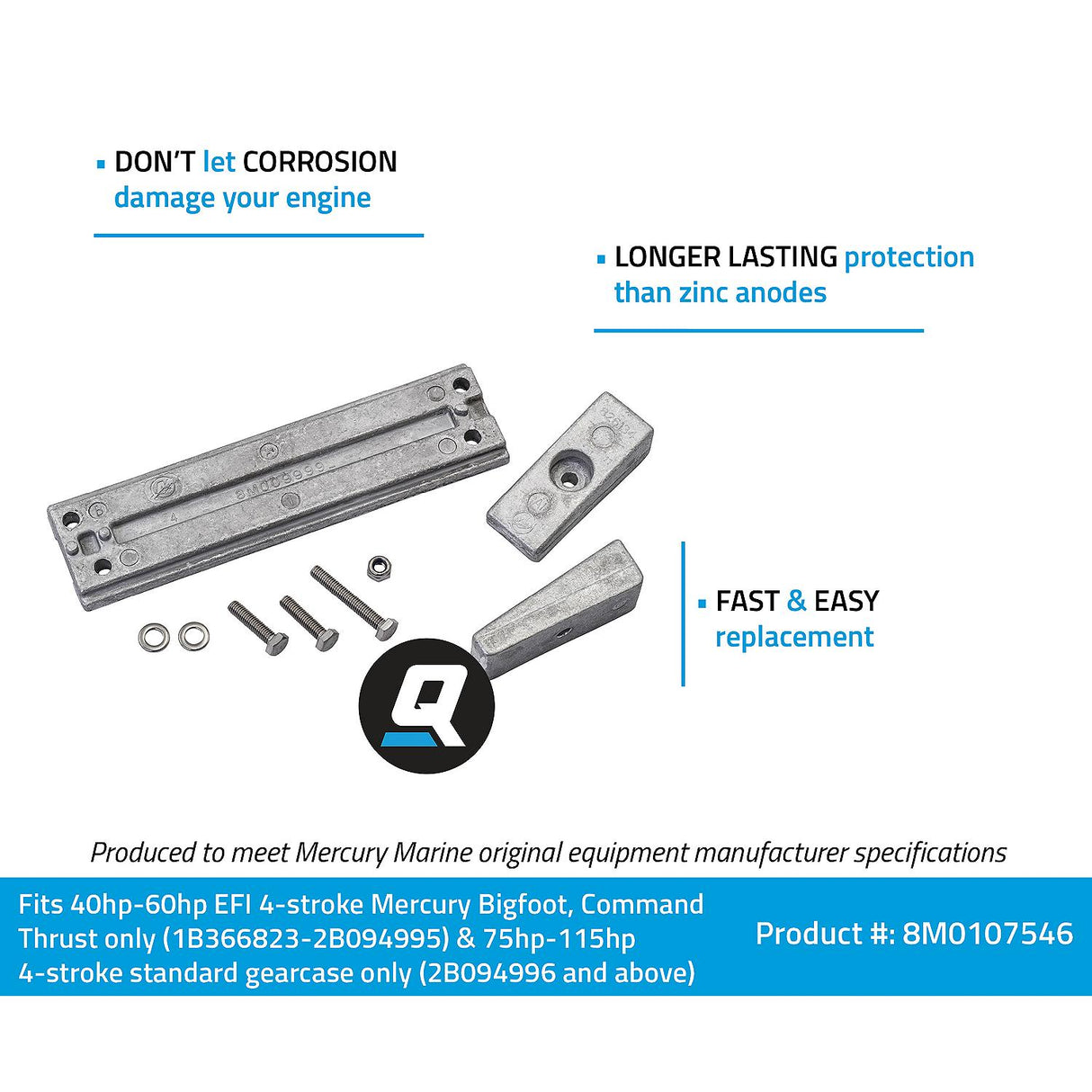 Mercury Quicksilver 97-8M0107546 Outboard Anode Kit - Fits 40-60 HP EFI Four Stroke - 75-115 HP EFI Four Stroke