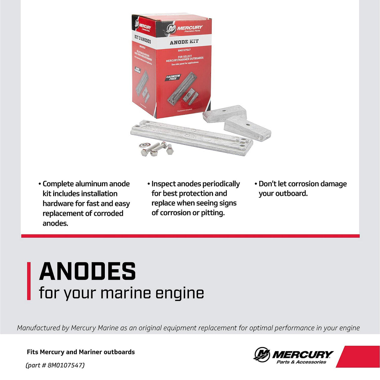 Mercury 97-8M107547 Outboard Aluminum Anode Kit - Fits 40 - 50 - 60 - 75 - 90 - 115 HP EFI Four Stroke