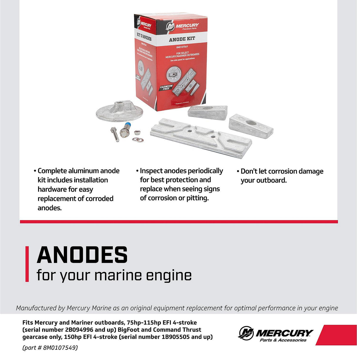 Mercury - Outboard Anode Kit - Fits 75‑115 HP EFI Four Stroke - 150 HP EFI Four Stroke - 97-8M0107549