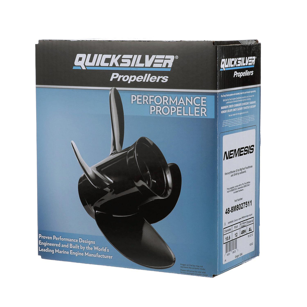 Mercury - Nemesis Quicksilver Propeller - 4-Blade - 25 to 30 HP 4-Stroke (2005 and earlier) - 40 to 60 HP 2-Stroke and 4-Stroke w/ Standard Gearcases - 10.6 Dia. - 12 Pitch - 48-8M8027511