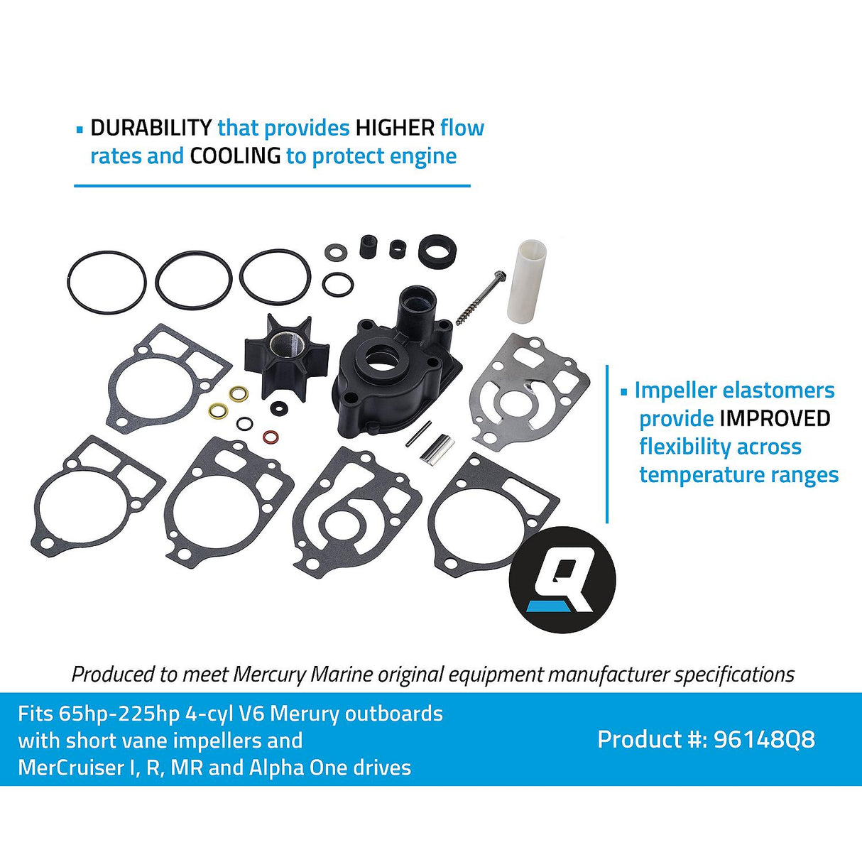 Mercury Quicksilver - Water Pump Upper Repair Kit - Fits Mercury/Mariner 65 HP through V-6 Outboards & Mercruiser I/R/MR/Alpha Drives - 46-96148Q8