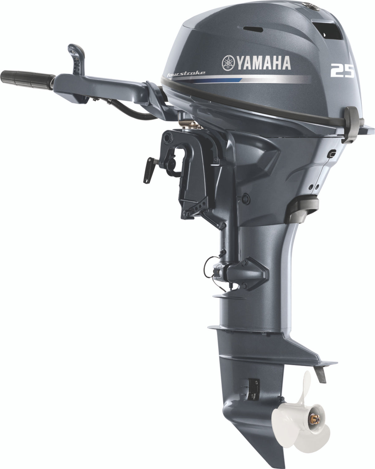 Yamaha F25SWTHC Outboard - 15-Inch Shaft | 2-Cylinder | Tiller Handle | Electric & Manual Start | Power Trim and Tilt | Gray