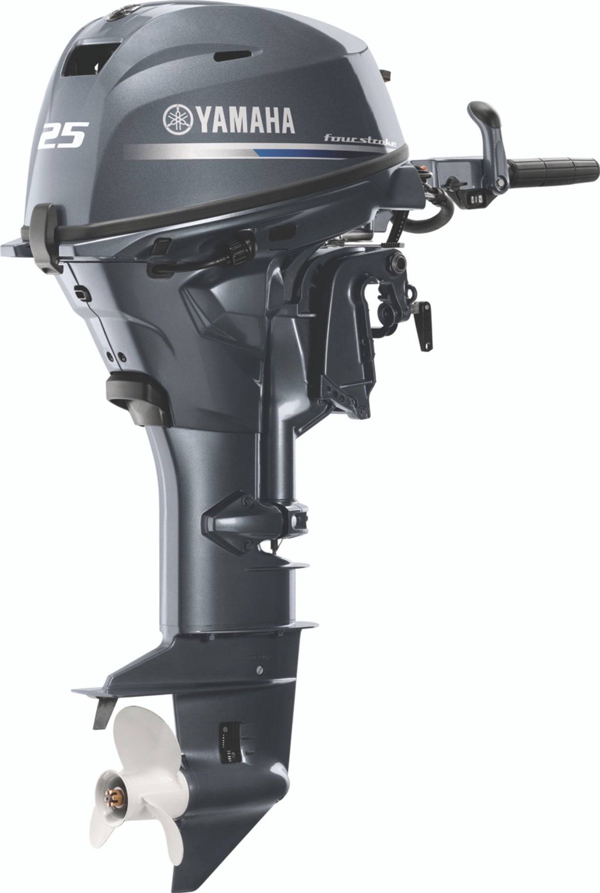 Yamaha F25SWTHC Outboard - 15-Inch Shaft | 2-Cylinder | Tiller Handle | Electric & Manual Start | Power Trim and Tilt | Gray