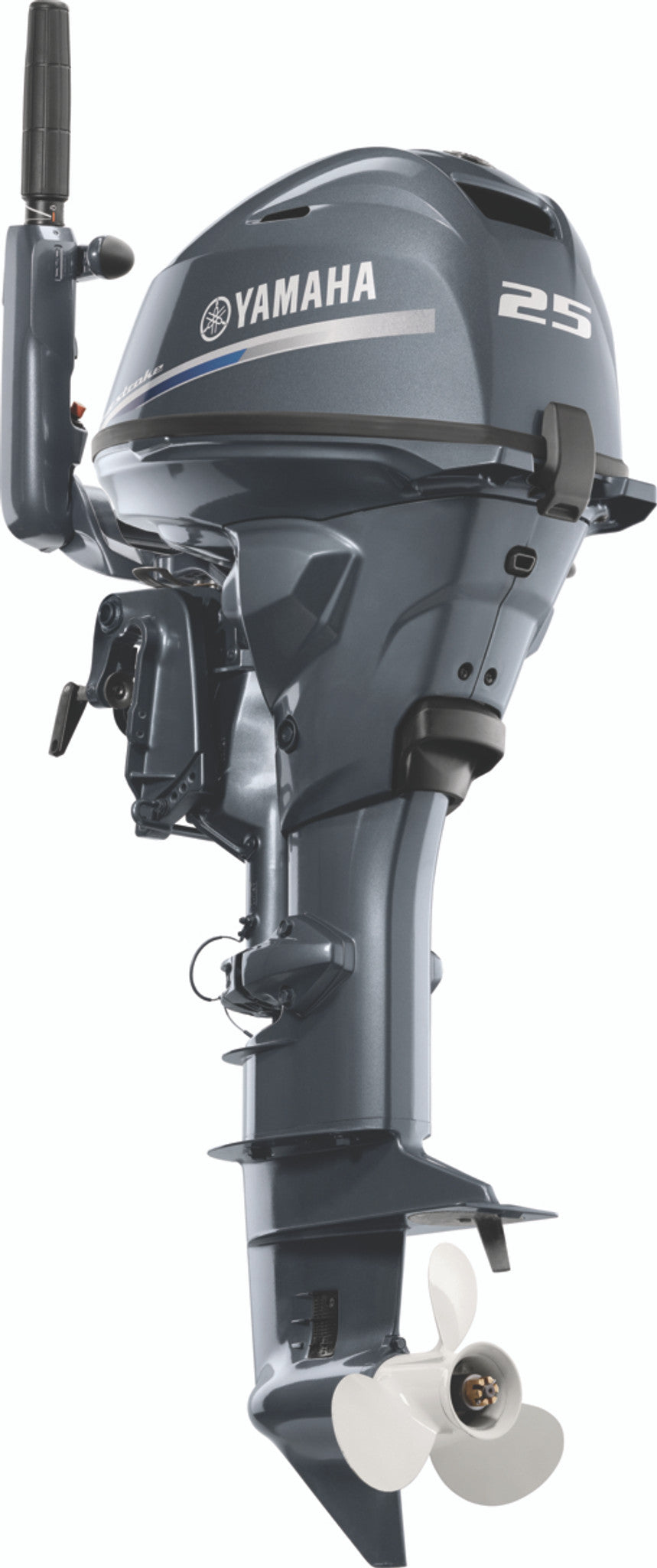 Yamaha F25SWTHC Outboard - 15-Inch Shaft | 2-Cylinder | Tiller Handle | Electric & Manual Start | Power Trim and Tilt | Gray