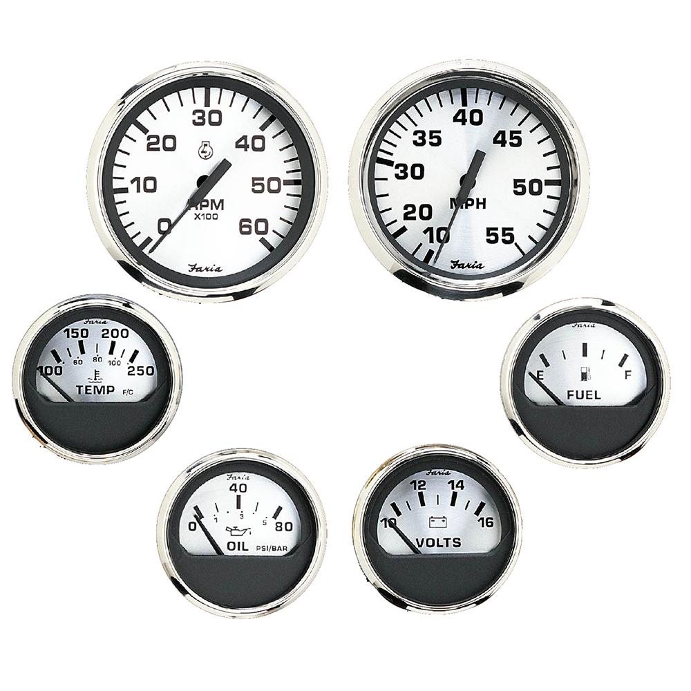 Faria Spun Silver Box Set of 6 Gauges - Speed, Tach, Voltmeter, Fuel Level, Water Temperature Oil - KTF0184
