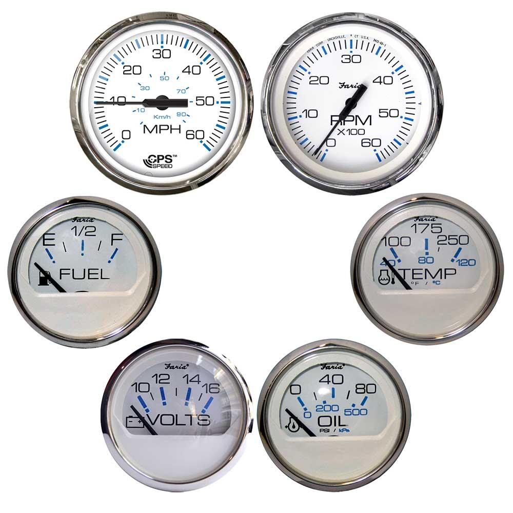 Faria Chesapeake White w/Stainless Steel Bezel Boxed Set of 6 - Speed, Tach, Fuel Level, Voltmeter, Water Temperature Oil PSI - KTF063
