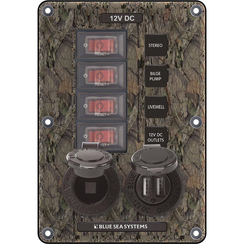 Blue Sea 4324 Circuit Breaker Switch Panel 4 Postion - Camo w/12V Socket Dual USB - 4324