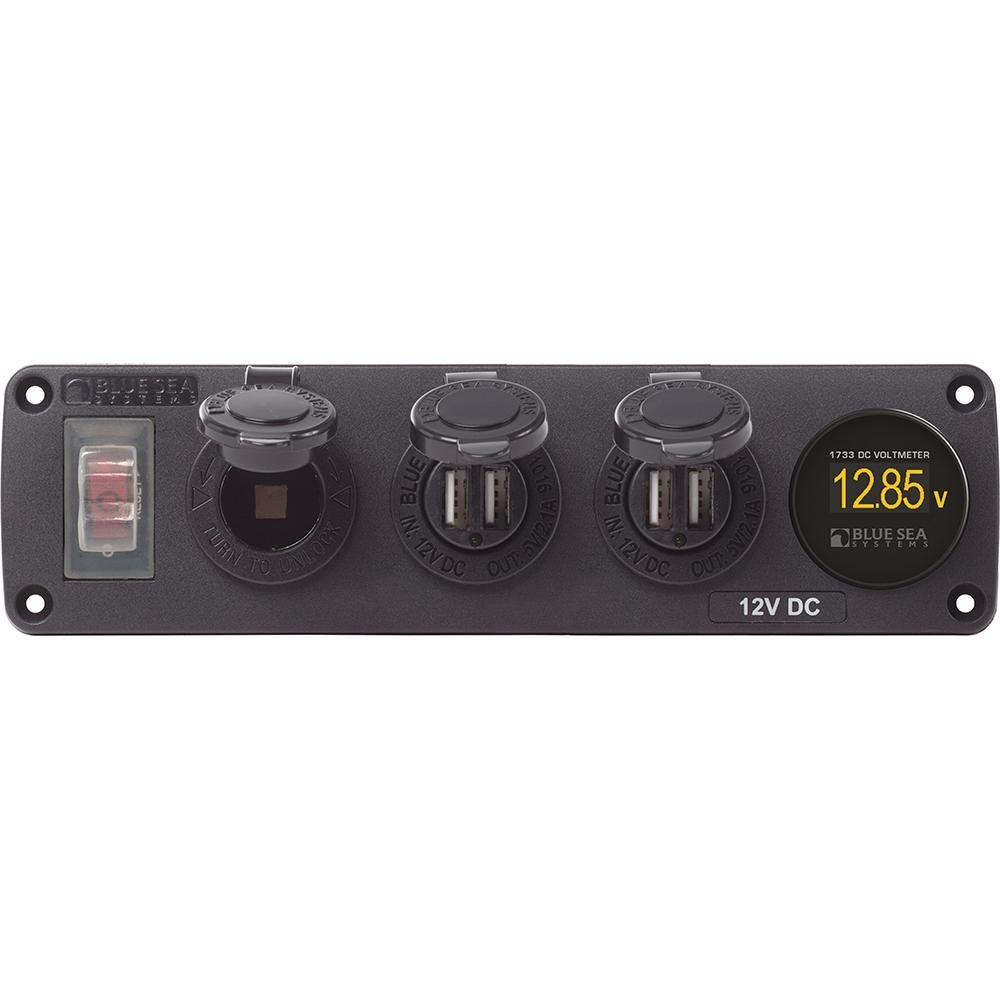 Blue Sea 4368 Water Resistant USB Accessory Panel - 12V Socket, 2x 2.1A Dual USB Chargers, Mini Voltmeter - 4368