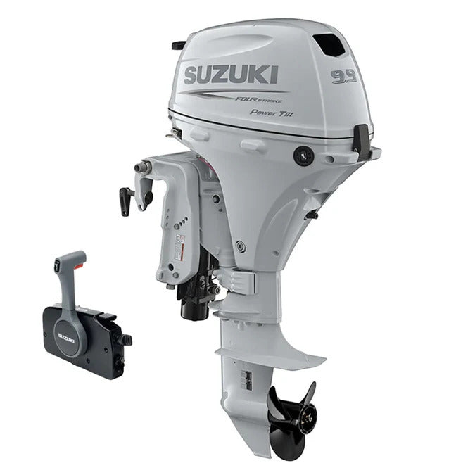 Suzuki Portable DF9.9BTLW Outboard - 20" Shaft | Remote Mechanical Steering | Electric Start | Power Tilt | 9.9 HP | 120 Lbs | Cool White