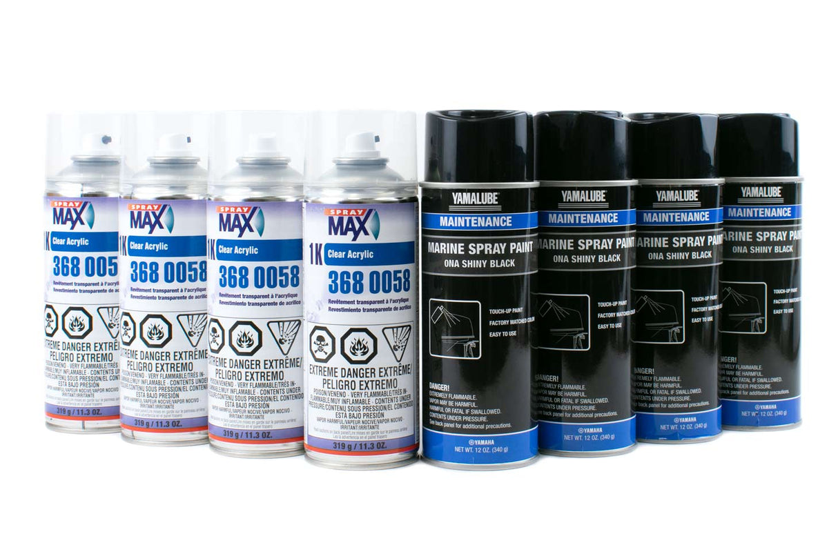 Yamaha Marine Outboard Engine Cowling Spray Paint & Enamel Based Clear Coat - NA - Shiny Black - 3680058 - 12 oz. 4 Cans of Each