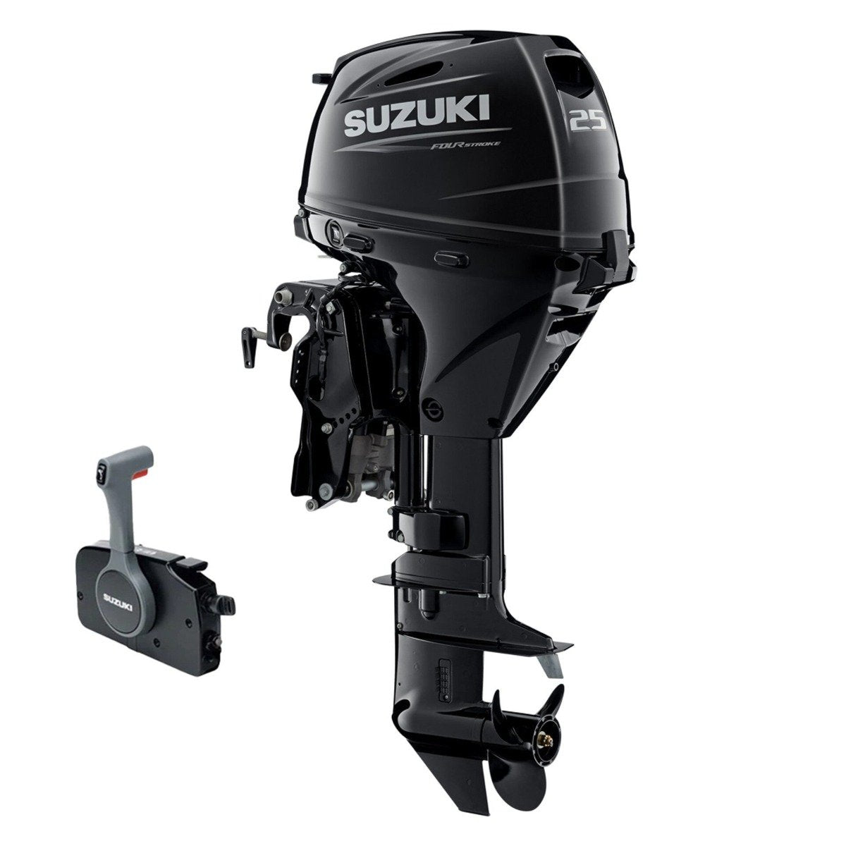 Suzuki Portable DF25ATL Outboard - 20" Shaft | Remote Mechanical Steering | Electric Start | Power Trim & Tilt | 25 HP | 158 Lbs | Nebular Black