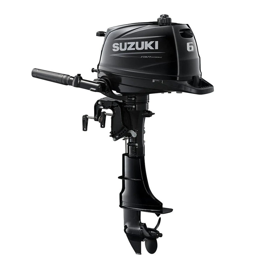 Suzuki Portable DF6AL Outboard - 20" Shaft | Tiller Handle | Manual Start | Manual Tilt | 6 HP | 55 Lbs | Nebular Black