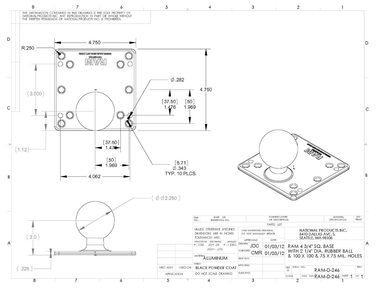 RAM Mount - 100x100mm VESA Plate with 2.25" Ball - RAM-D-246U