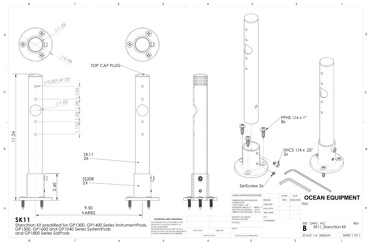 NavPod - Stanchion Kit Predrilled f/GP1300, GP1400 Series InstrumentPods, GP1500, GP1600 GP1040 Series SystemPods GP1800 Series SailPods - SK11