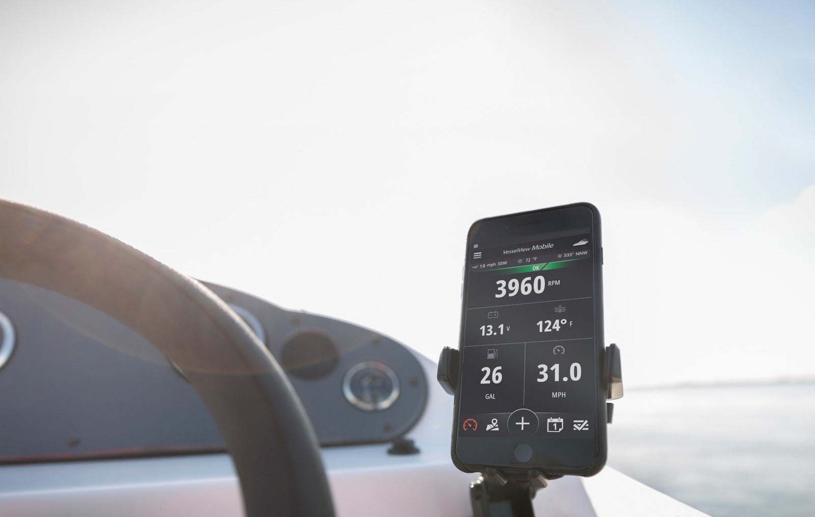 Mercury VesselView Mobile display showing engine performance and diagnostic data for optimized vessel maintenance and operation