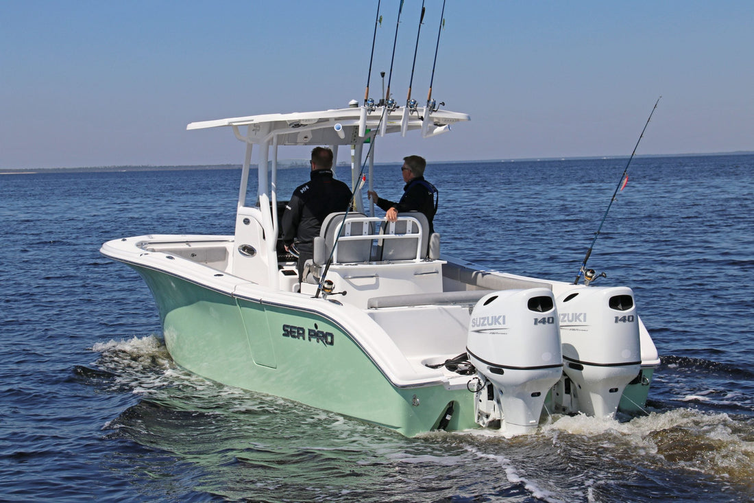 Suzuki outboard motor on a boat, prepared for spring with maintenance and new parts installed nearby