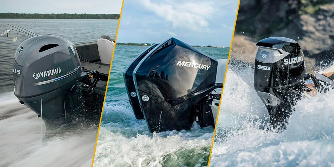 Comparison of Yamaha, Mercury, and Suzuki outboard motors with pricing and warranty information displayed side by side