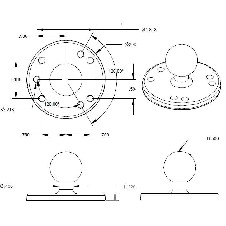 RAM Mount - 2-7/16" Diameter Base w/1" Ball - RAM-B-202U